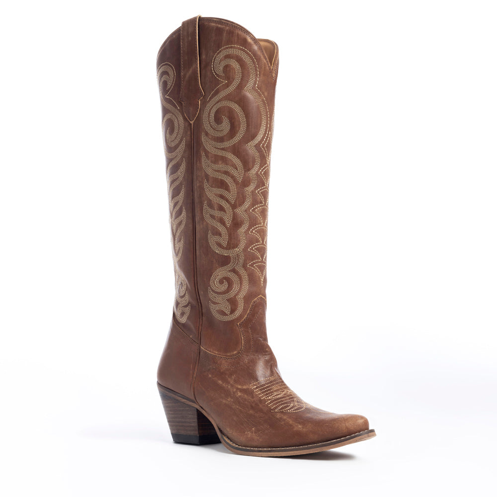 Bottes pour femmes Myra Nalejandra en cuir marron mocha - Talons hauts occidentaux brodés avec bout pointu pour un style champêtre festif