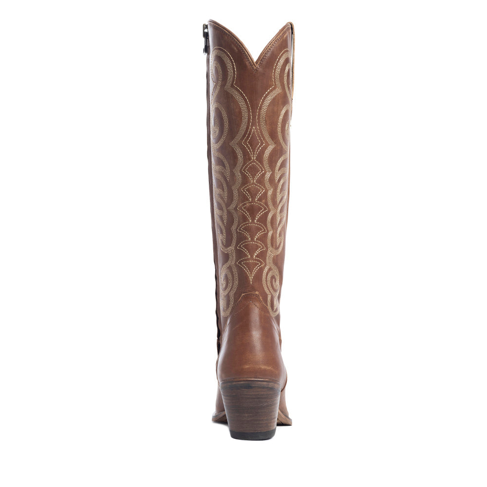 Bottes pour femmes Myra Nalejandra en cuir marron mocha - Talons hauts occidentaux brodés avec bout pointu pour un style champêtre festif