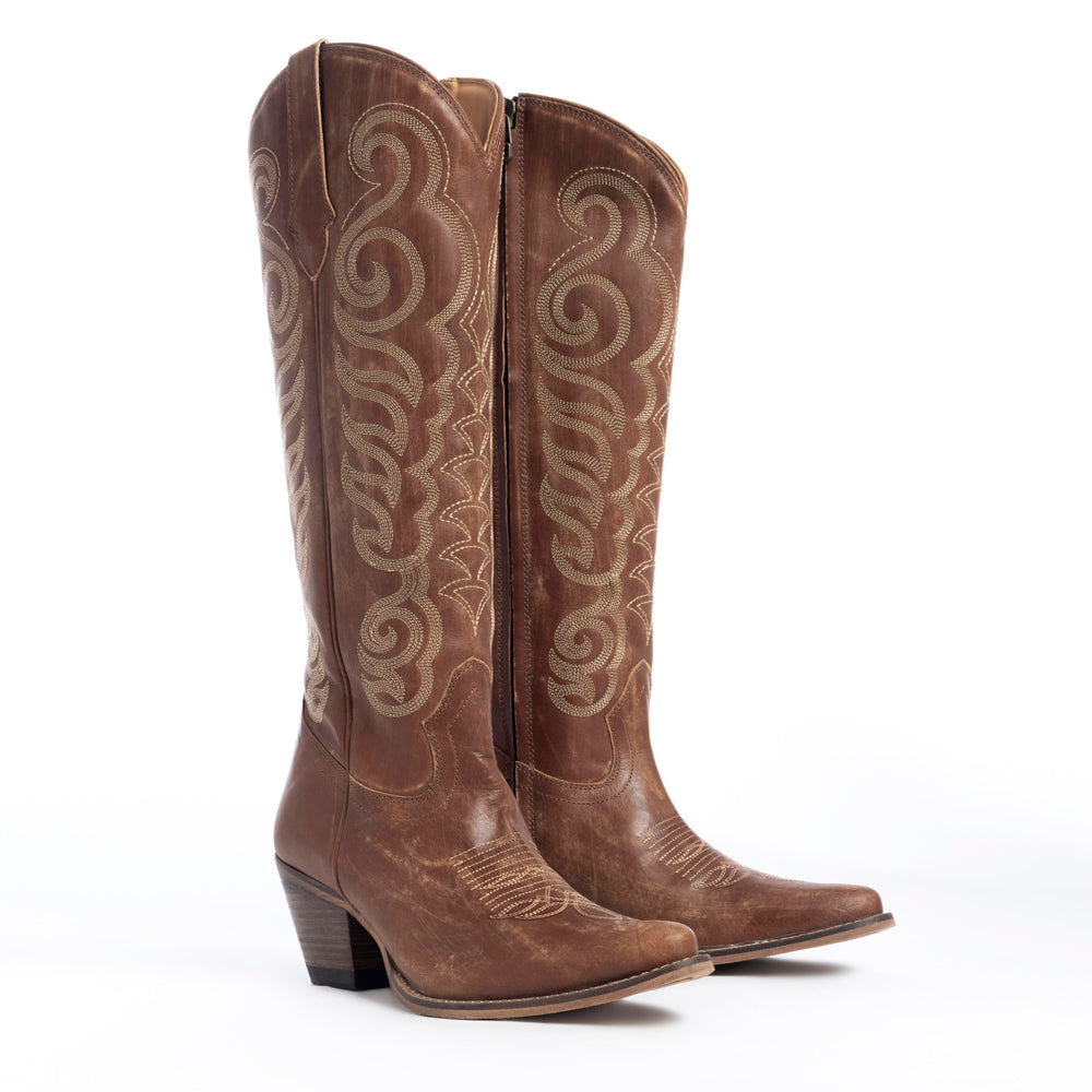 Bottes pour femmes Myra Nalejandra en cuir marron mocha - Talons hauts occidentaux brodés avec bout pointu pour un style champêtre festif