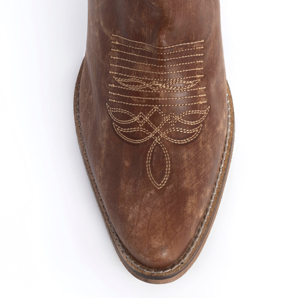 Bottes pour femmes Myra Nalejandra en cuir marron mocha - Talons hauts occidentaux brodés avec bout pointu pour un style champêtre festif