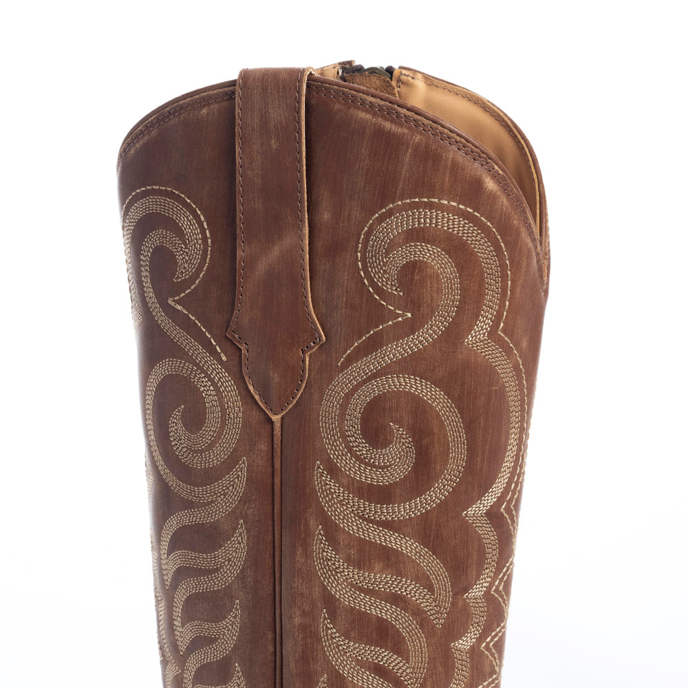 Bottes pour femmes Myra Nalejandra en cuir marron mocha - Talons hauts occidentaux brodés avec bout pointu pour un style champêtre festif