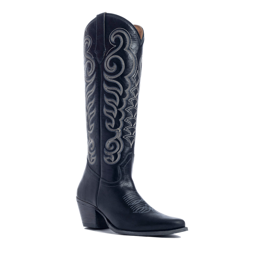 Bottes hautes pour femme en cuir noir Myra Nalejandra – Talons aiguilles brodés de style western pour un look festif et campagnard