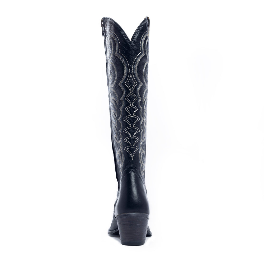 Bottes hautes pour femme en cuir noir Myra Nalejandra – Talons aiguilles brodés de style western pour un look festif et campagnard