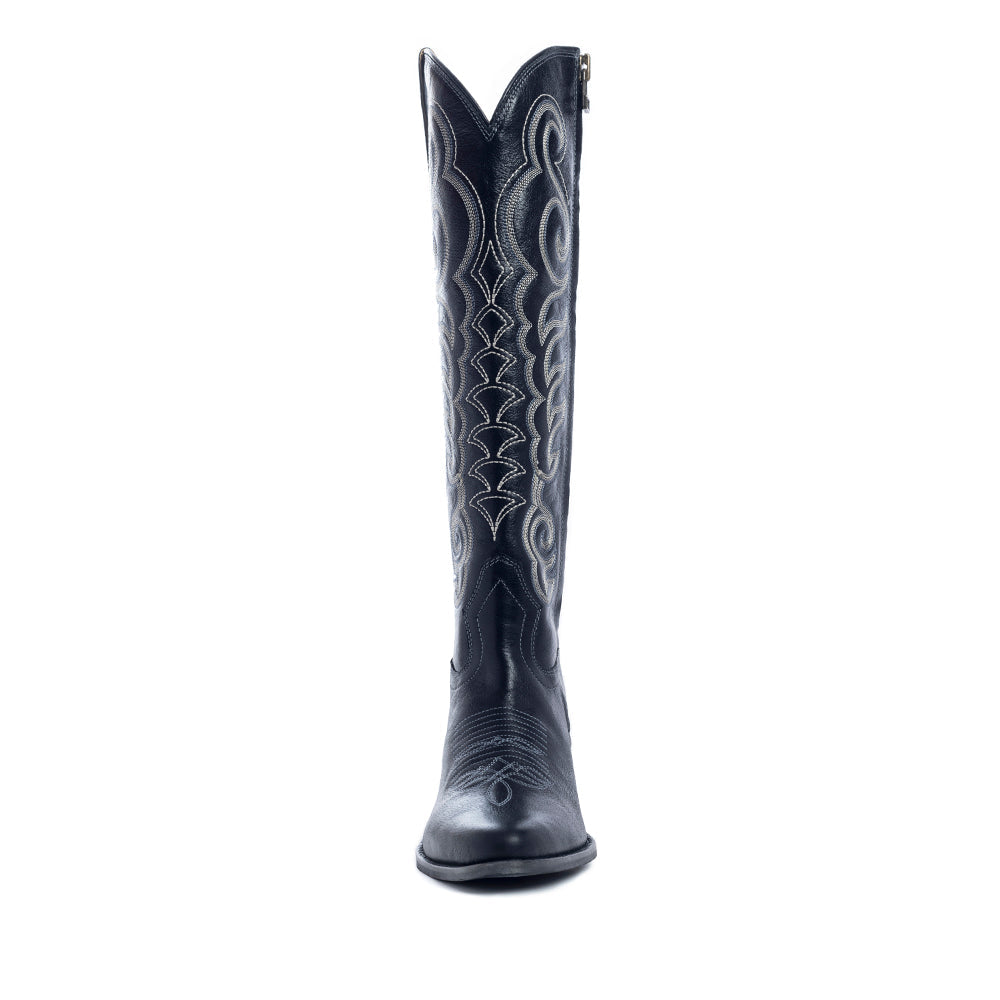 Bottes hautes pour femme en cuir noir Myra Nalejandra – Talons aiguilles brodés de style western pour un look festif et campagnard