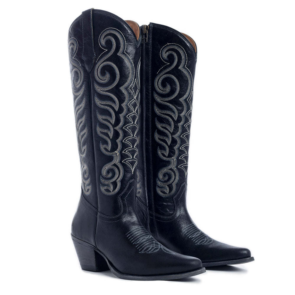 Bottes hautes pour femme en cuir noir Myra Nalejandra – Talons aiguilles brodés de style western pour un look festif et campagnard