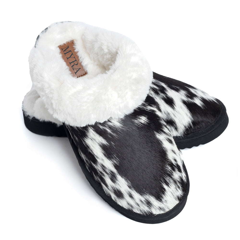 Pantoufles en cuir vÃ©ritable fourrÃ©es Myra Alamosa Shadow pour femme â€“ Confort hivernal intÃ©rieur, semelle souple, style western