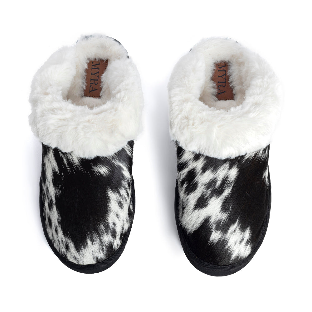 Pantoufles en cuir vÃ©ritable fourrÃ©es Myra Alamosa Shadow pour femme â€“ Confort hivernal intÃ©rieur, semelle souple, style western