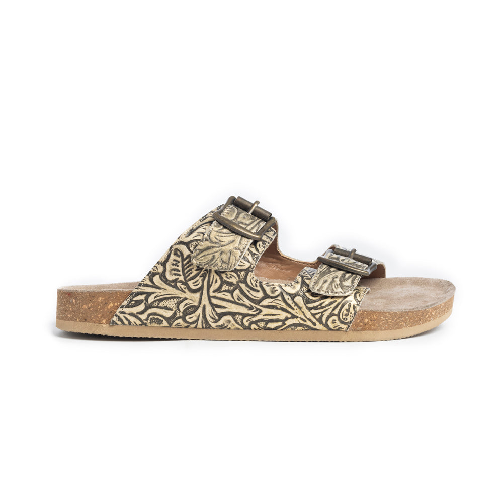 Sandales en cuir gaufré Myra Rio Amarillo pour femme, couleur beige – Design à double boucle, confort de la semelle en liège, style western à enfiler