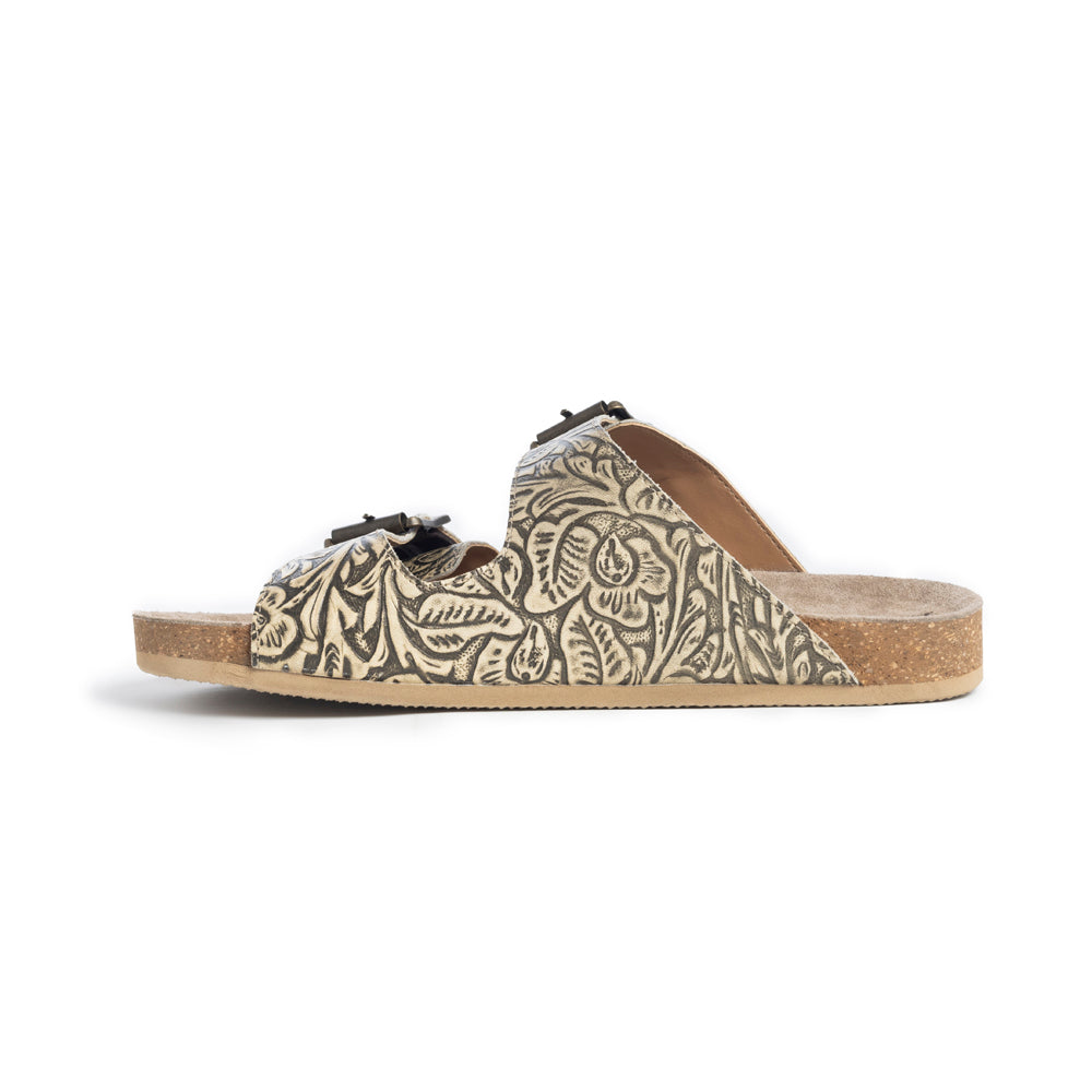 Sandales en cuir gaufré Myra Rio Amarillo pour femme, couleur beige – Design à double boucle, confort de la semelle en liège, style western à enfiler