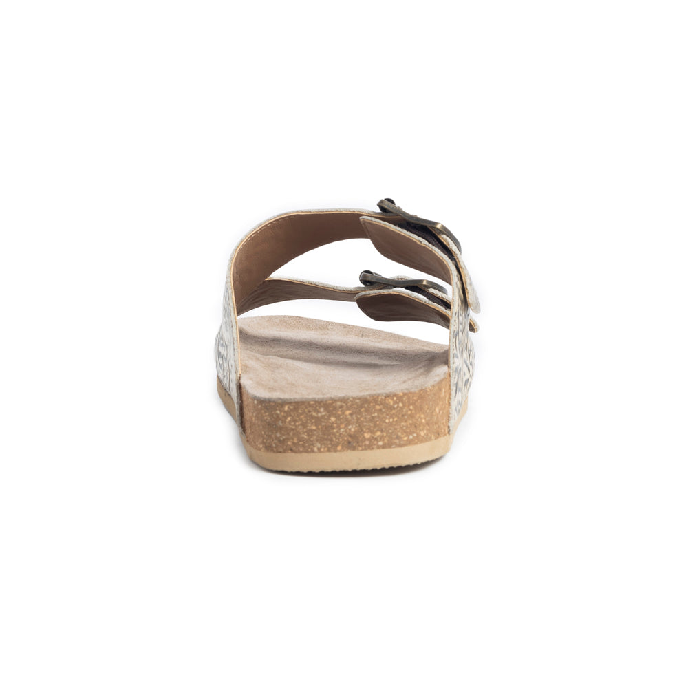 Sandales en cuir gaufré Myra Rio Amarillo pour femme, couleur beige – Design à double boucle, confort de la semelle en liège, style western à enfiler