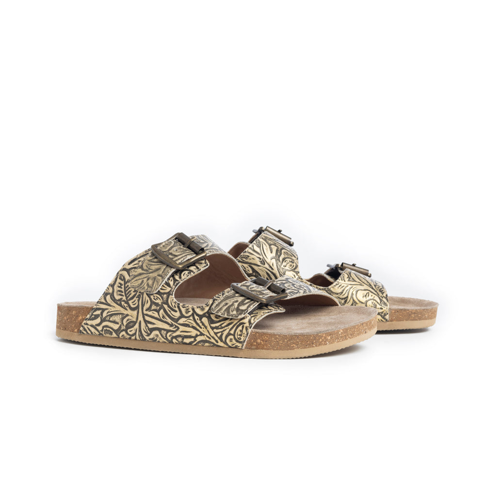 Sandales en cuir gaufré Myra Rio Amarillo pour femme, couleur beige – Design à double boucle, confort de la semelle en liège, style western à enfiler