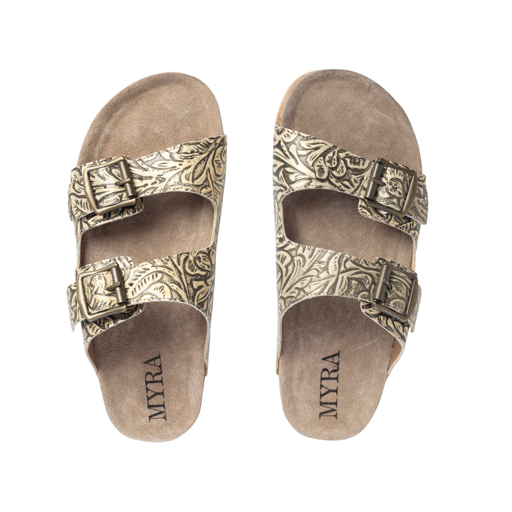 Sandales en cuir gaufré Myra Rio Amarillo pour femme, couleur beige – Design à double boucle, confort de la semelle en liège, style western à enfiler
