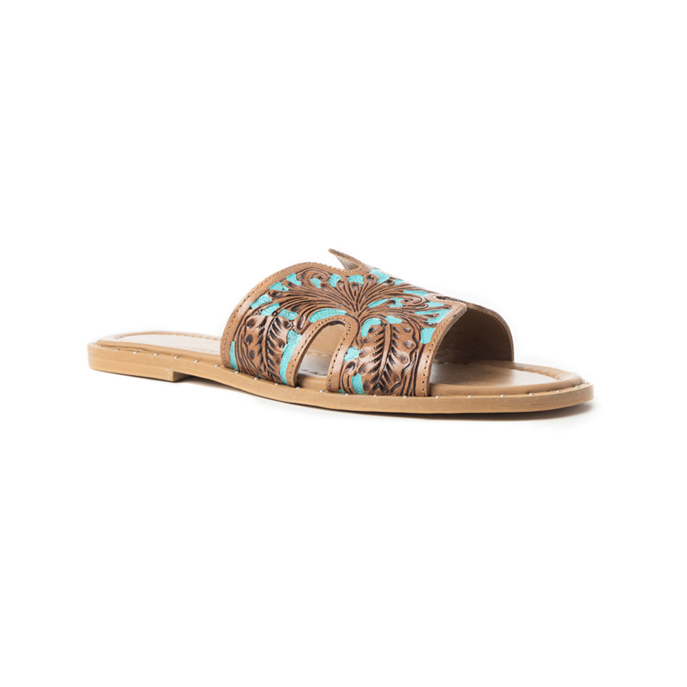 Myra Carmina Sandales mules en cuir gaufré bleu pour femme – Mules style Western avec découpe en H et clous