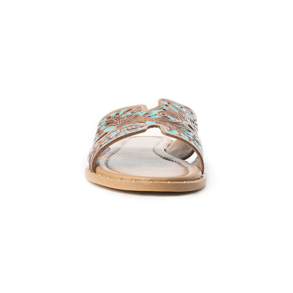 Myra Carmina Sandales mules en cuir gaufré bleu pour femme – Mules style Western avec découpe en H et clous