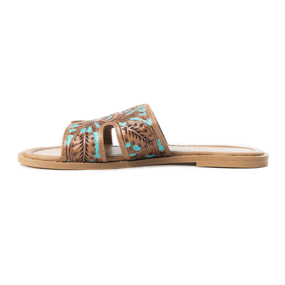 Myra Carmina Sandales mules en cuir gaufré bleu pour femme – Mules style Western avec découpe en H et clous