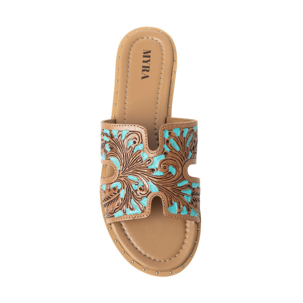 Myra Carmina Sandales mules en cuir gaufré bleu pour femme – Mules style Western avec découpe en H et clous
