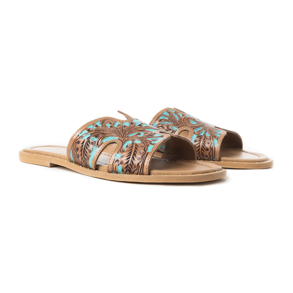 Myra Carmina Sandales mules en cuir gaufré bleu pour femme – Mules style Western avec découpe en H et clous
