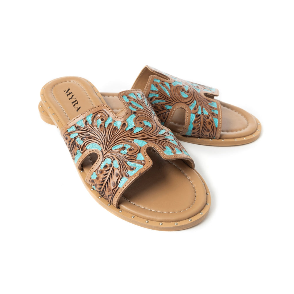 Myra Carmina Sandales mules en cuir gaufré bleu pour femme – Mules style Western avec découpe en H et clous