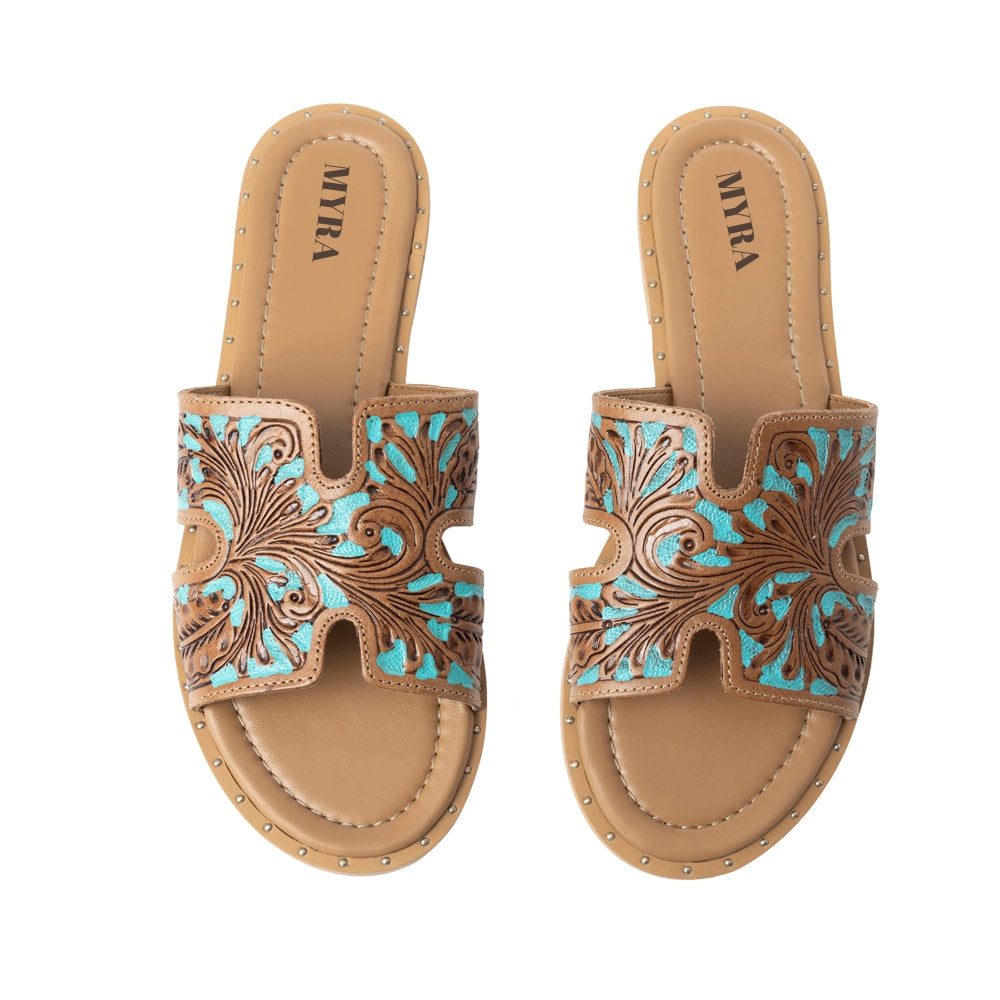 Myra Carmina Sandales mules en cuir gaufré bleu pour femme – Mules style Western avec découpe en H et clous