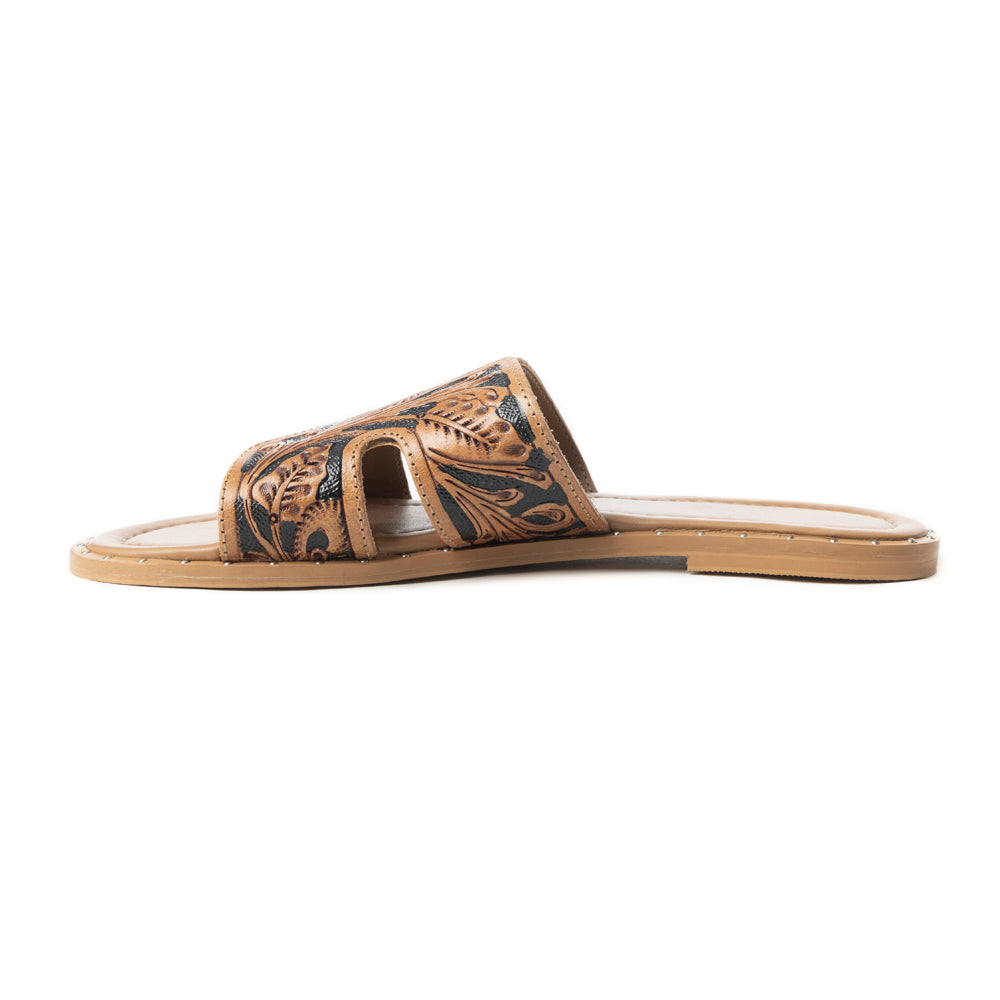 Sandales à enfiler pour femmes en cuir gaufré foncé Myra Carmina Anne – Tongs de style western à coupe en H avec garniture cloutée