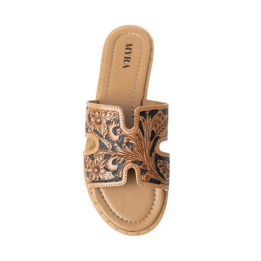 Sandales à enfiler pour femmes en cuir gaufré foncé Myra Carmina Anne – Tongs de style western à coupe en H avec garniture cloutée