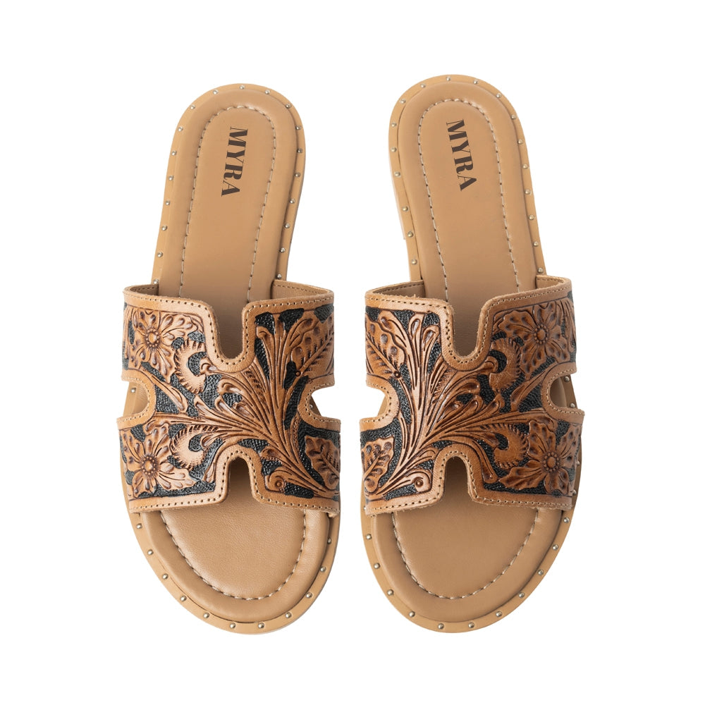 Sandales à enfiler pour femmes en cuir gaufré foncé Myra Carmina Anne – Tongs de style western à coupe en H avec garniture cloutée