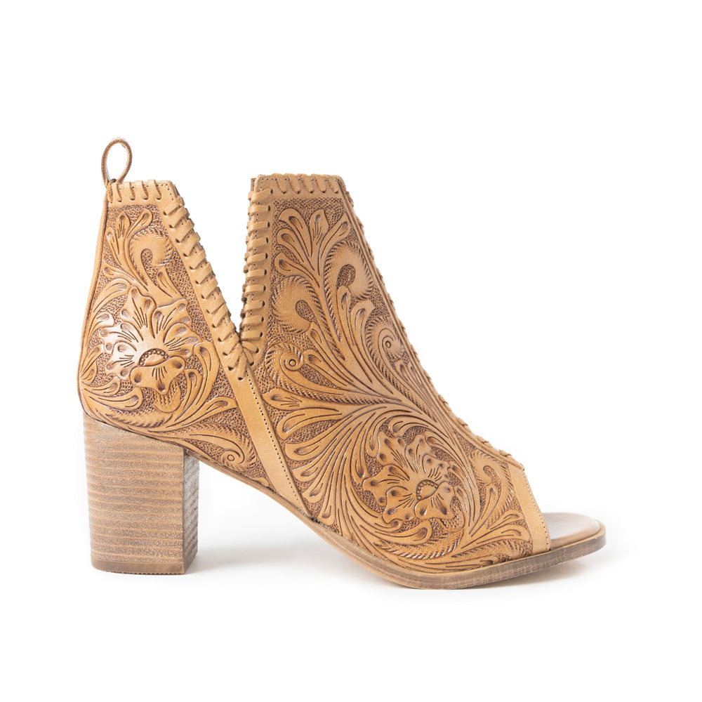 Myra Persimmonee Escarpins en Cuir Gaufré pour Femmes Bout Ouvert, Talon Bloc Moyen, Style Cowgirl Western pour Soirées Rodéo