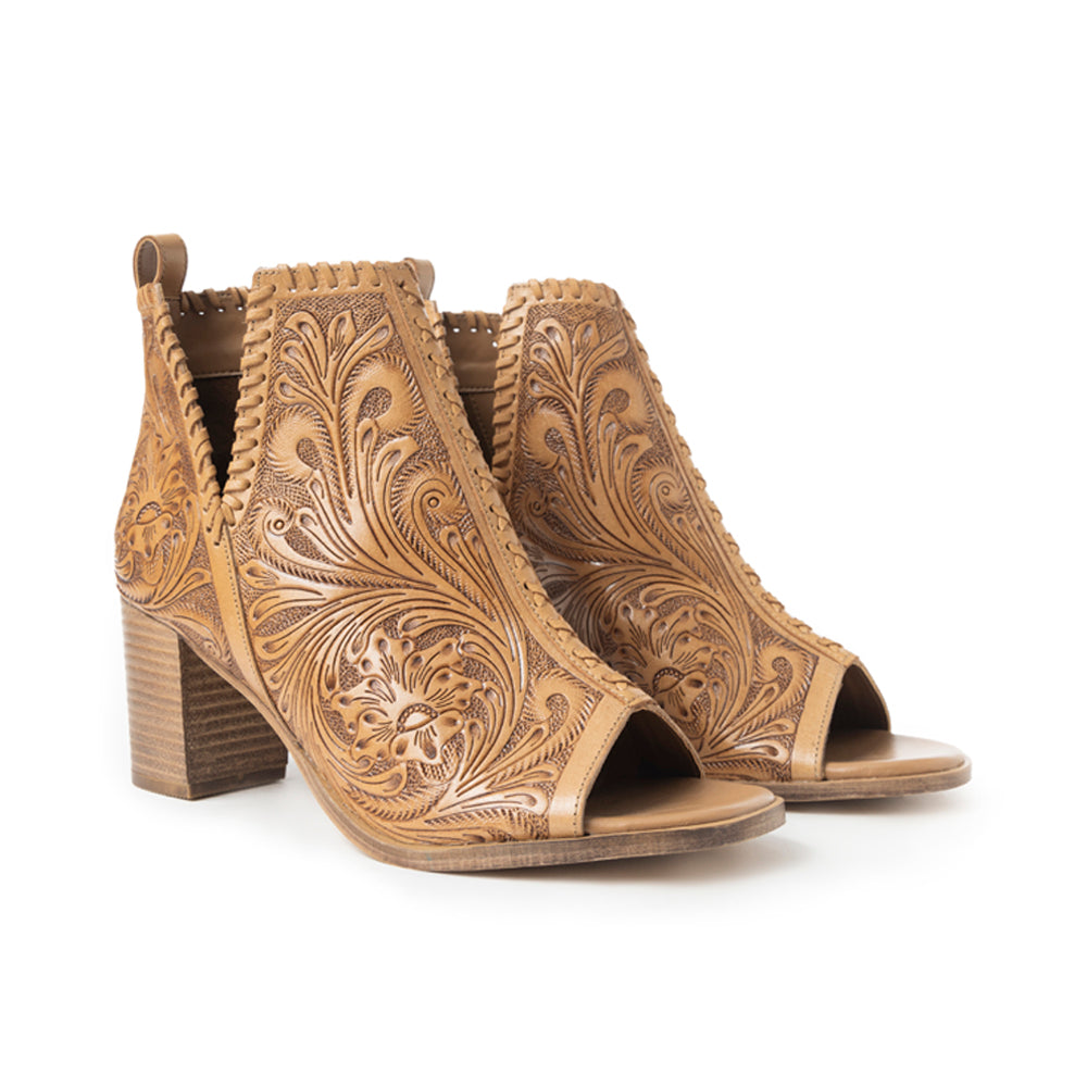Myra Persimmonee Escarpins en Cuir Gaufré pour Femmes Bout Ouvert, Talon Bloc Moyen, Style Cowgirl Western pour Soirées Rodéo