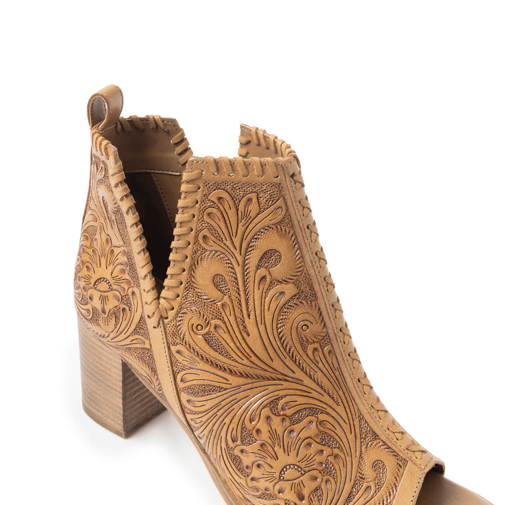 Myra Persimmonee Escarpins en Cuir Gaufré pour Femmes Bout Ouvert, Talon Bloc Moyen, Style Cowgirl Western pour Soirées Rodéo