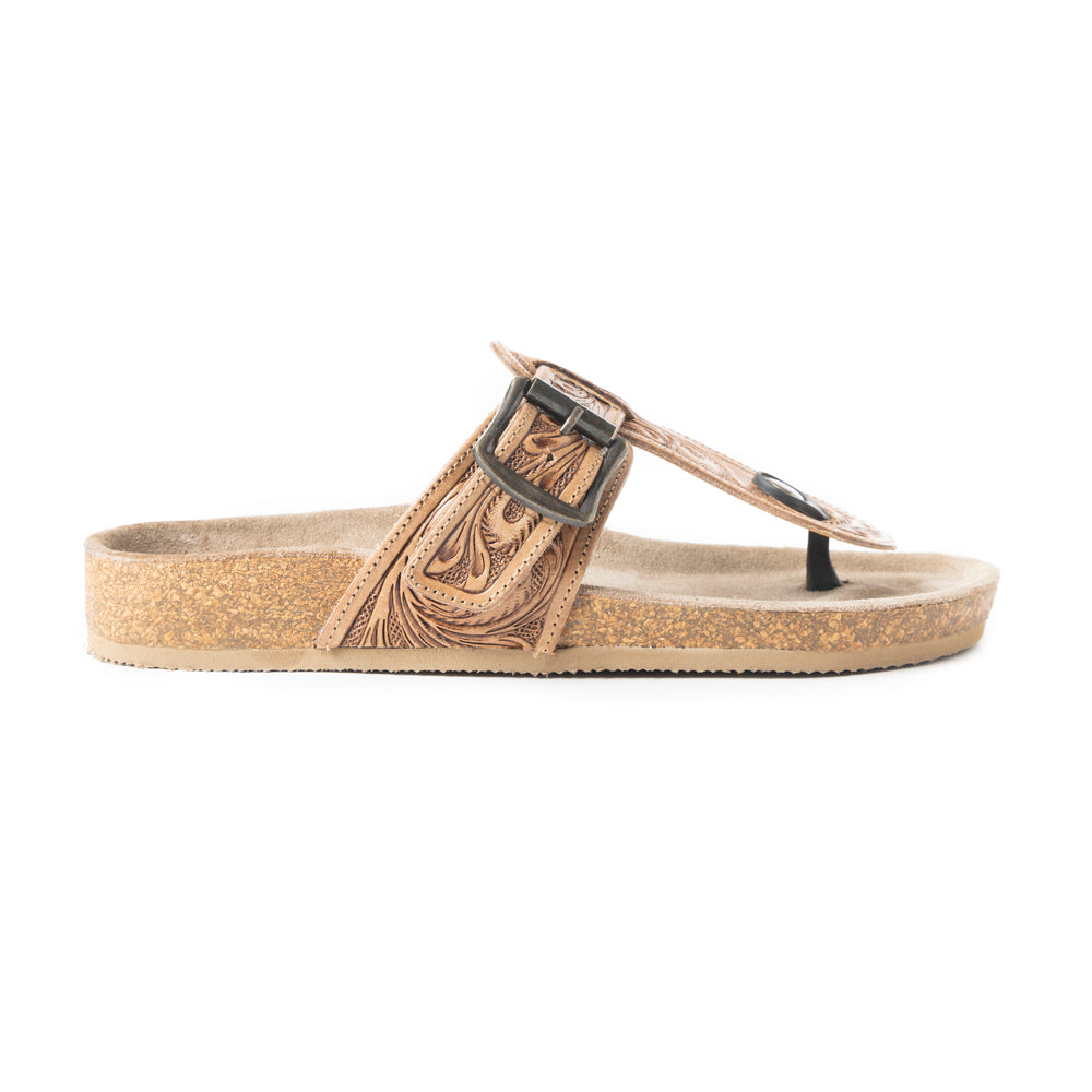 Myra Balinda Ridge : Sandales plates en cuir repoussé à lanières en T pour femme - Sandales gaufrées style western avec semelle rembourrée pour un confort quotidien