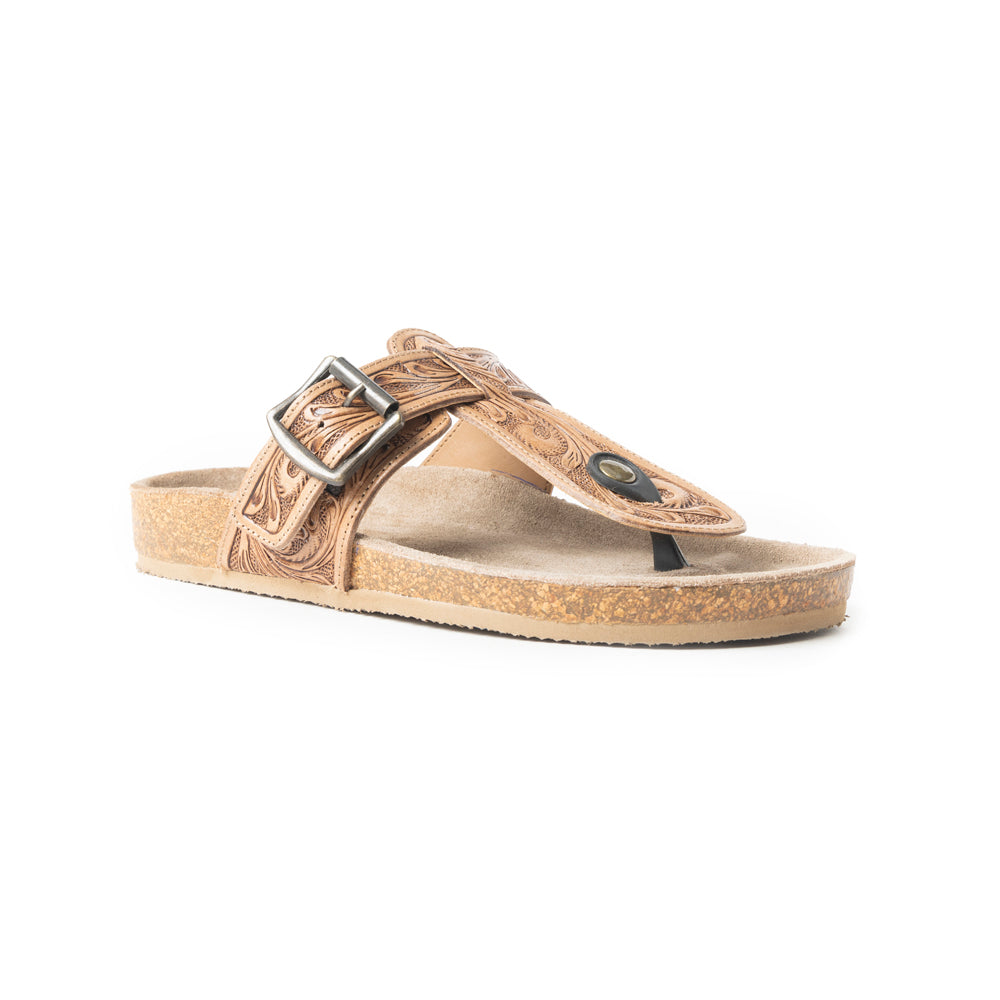 Myra Balinda Ridge : Sandales plates en cuir repoussé à lanières en T pour femme - Sandales gaufrées style western avec semelle rembourrée pour un confort quotidien