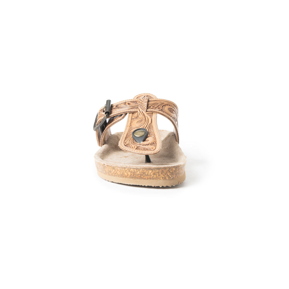 Myra Balinda Ridge : Sandales plates en cuir repoussé à lanières en T pour femme - Sandales gaufrées style western avec semelle rembourrée pour un confort quotidien