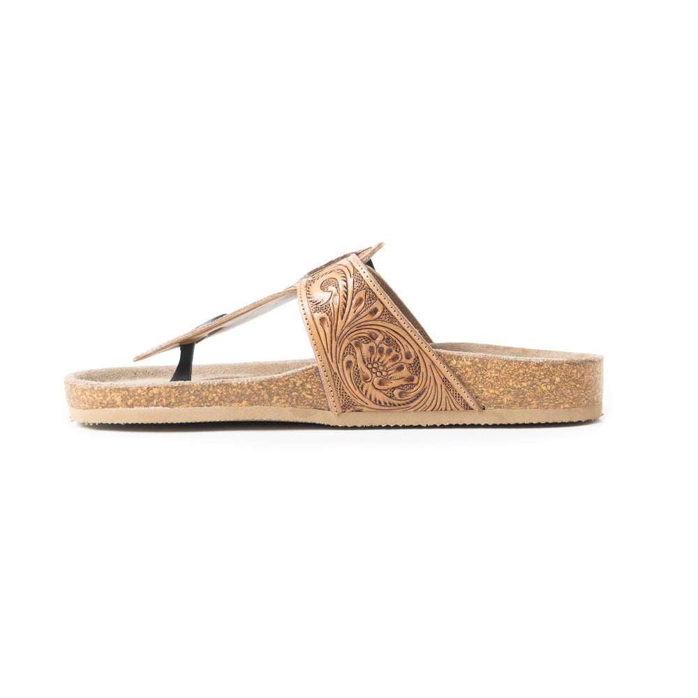 Myra Balinda Ridge : Sandales plates en cuir repoussé à lanières en T pour femme - Sandales gaufrées style western avec semelle rembourrée pour un confort quotidien