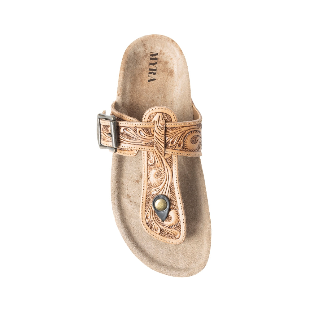 Myra Balinda Ridge : Sandales plates en cuir repoussé à lanières en T pour femme - Sandales gaufrées style western avec semelle rembourrée pour un confort quotidien