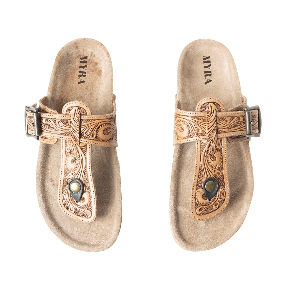 Myra Balinda Ridge : Sandales plates en cuir repoussé à lanières en T pour femme - Sandales gaufrées style western avec semelle rembourrée pour un confort quotidien