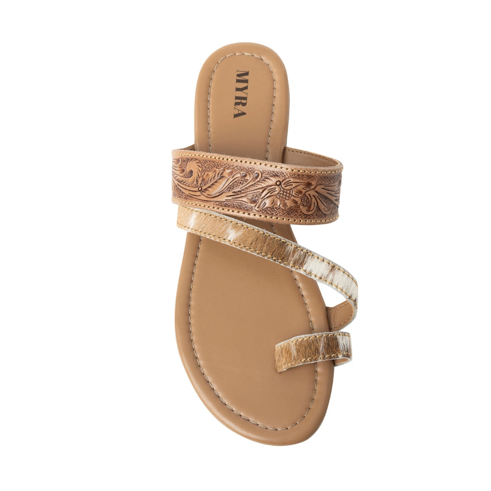 Myra LaDonna Trail Floral Handtooled Sandals for Women â€“ Beige Western Hairon Slip-Ons for Ranch Days & Rodeo Nights