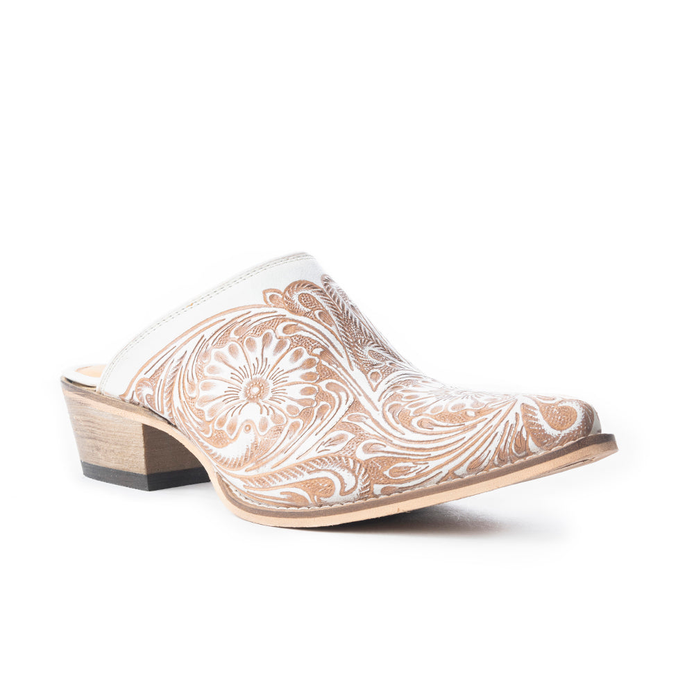 Mules en cuir blanc Myra Valeria pour femme - Motif Desert Bloom gravé à la main avec talons carrés pour un confort élégant