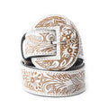 Ceinture Myra Talon haute en cuir ivoire ciselé pour femme - Boucle western imposante avec motif floral en relief