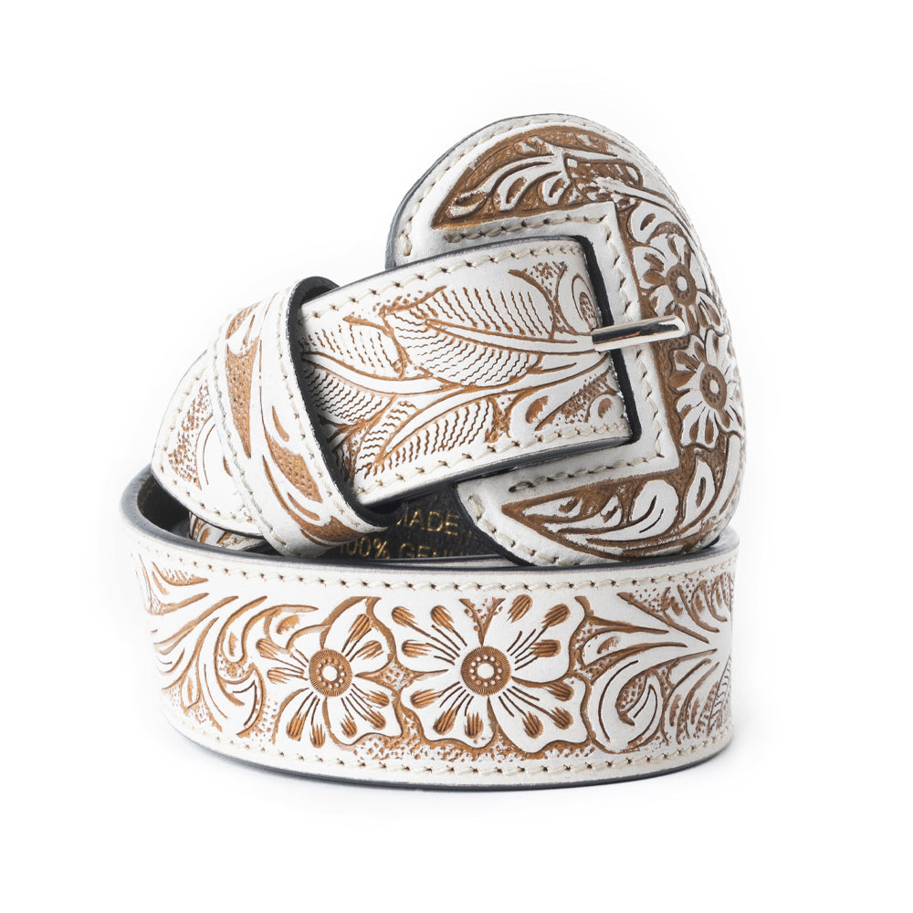 Ceinture Myra Talon haute en cuir ivoire ciselé pour femme - Boucle western imposante avec motif floral en relief