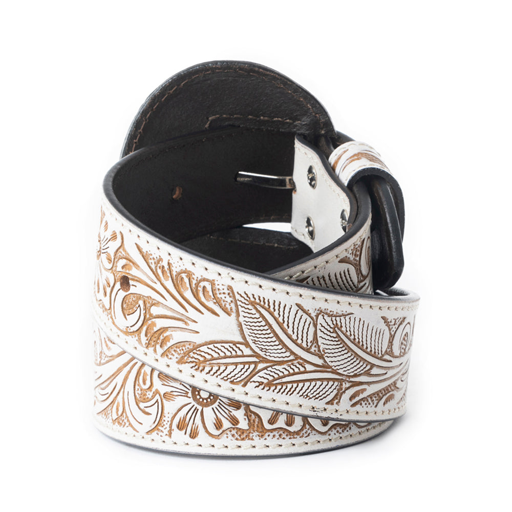Ceinture Myra Talon haute en cuir ivoire ciselé pour femme - Boucle western imposante avec motif floral en relief
