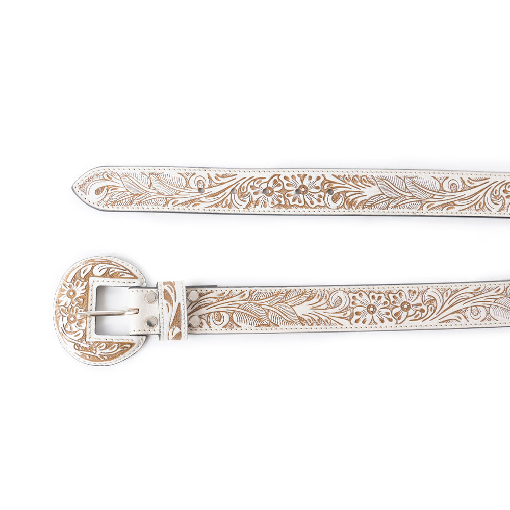 Ceinture Myra Talon haute en cuir ivoire ciselé pour femme - Boucle western imposante avec motif floral en relief