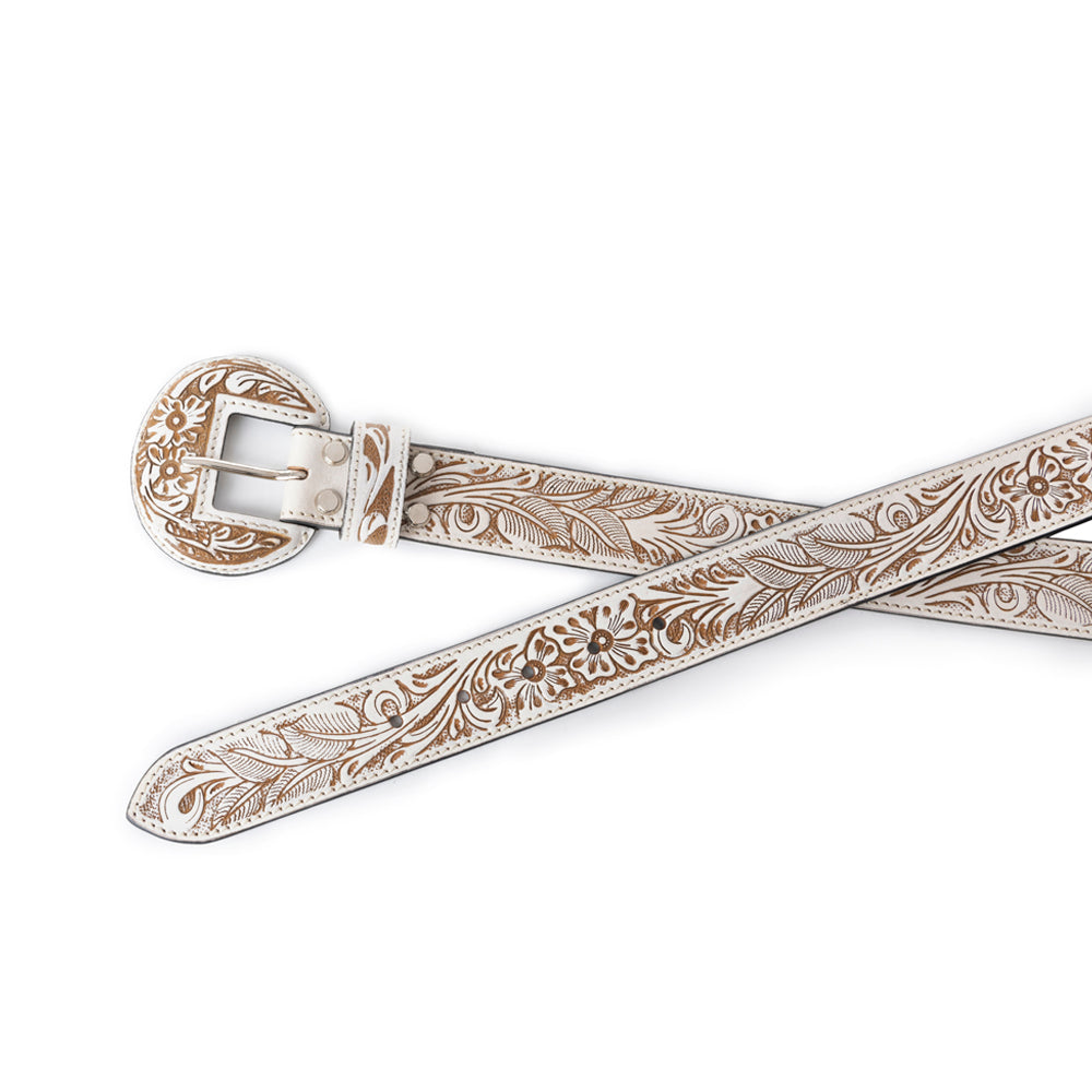 Ceinture Myra Talon haute en cuir ivoire ciselé pour femme - Boucle western imposante avec motif floral en relief