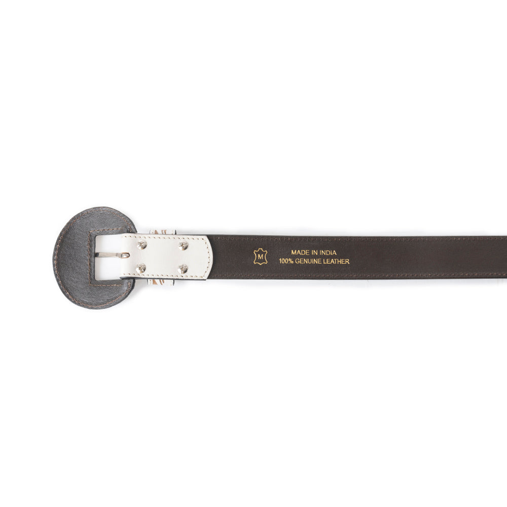 Ceinture Myra Talon haute en cuir ivoire ciselé pour femme - Boucle western imposante avec motif floral en relief