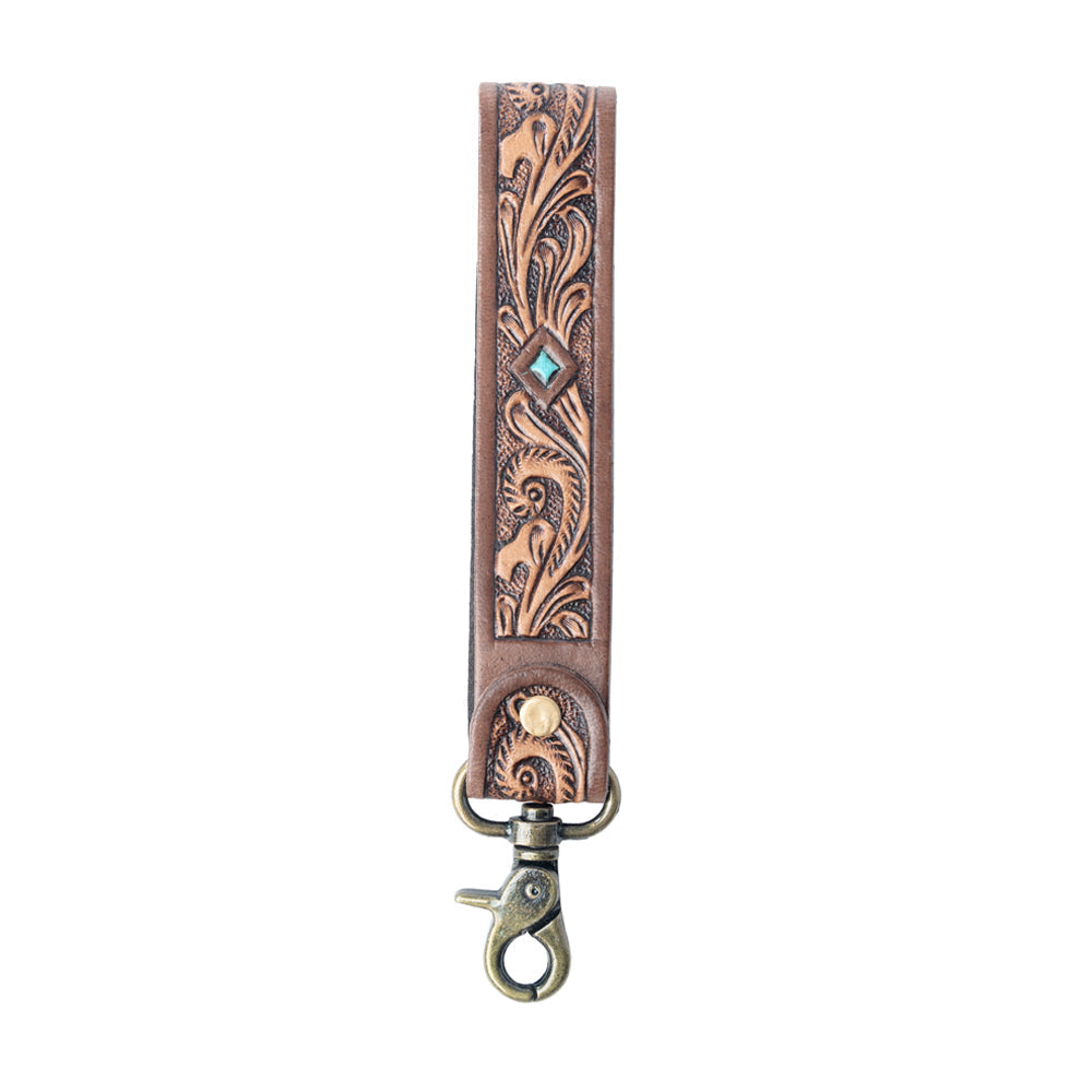 Porte-clés en cuir ciselé Myra Spirit Stone, marron acajou
