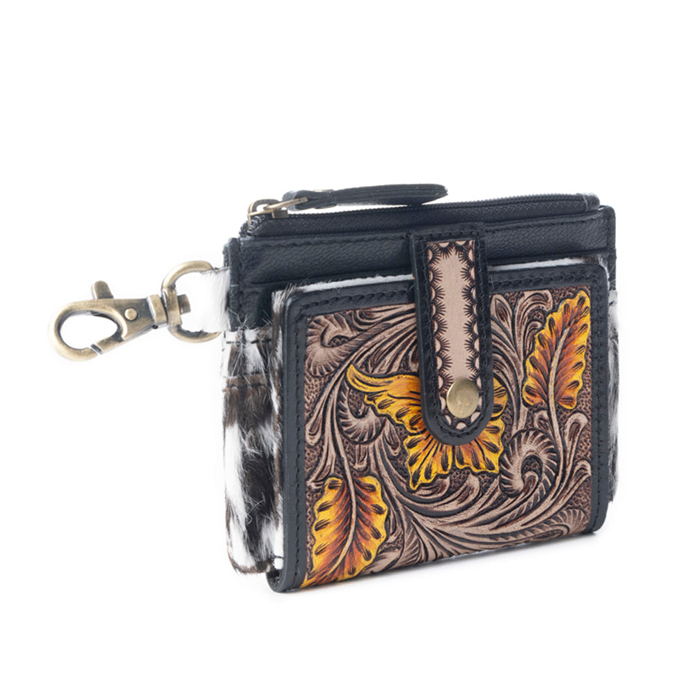 Porte-cartes en cuir noir et marron motif Fleurs sauvages de la Prairie