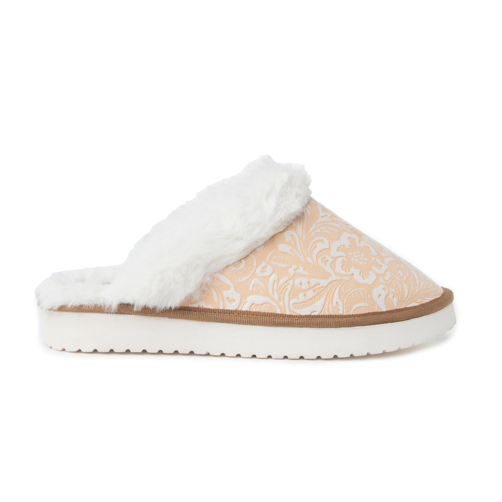 Pantoufles en cuir gaufré Snowdrift, beiges et hivernales
