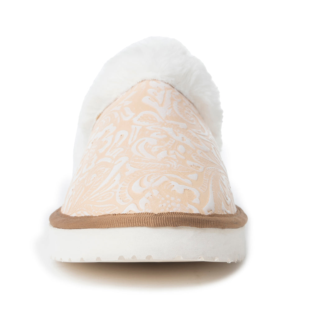 Pantoufles en cuir gaufré Snowdrift, beiges et hivernales