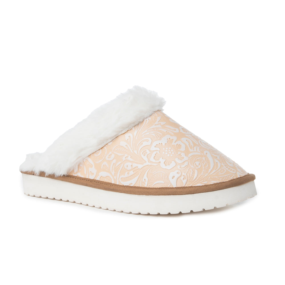 Pantoufles en cuir gaufré Snowdrift, beiges et hivernales