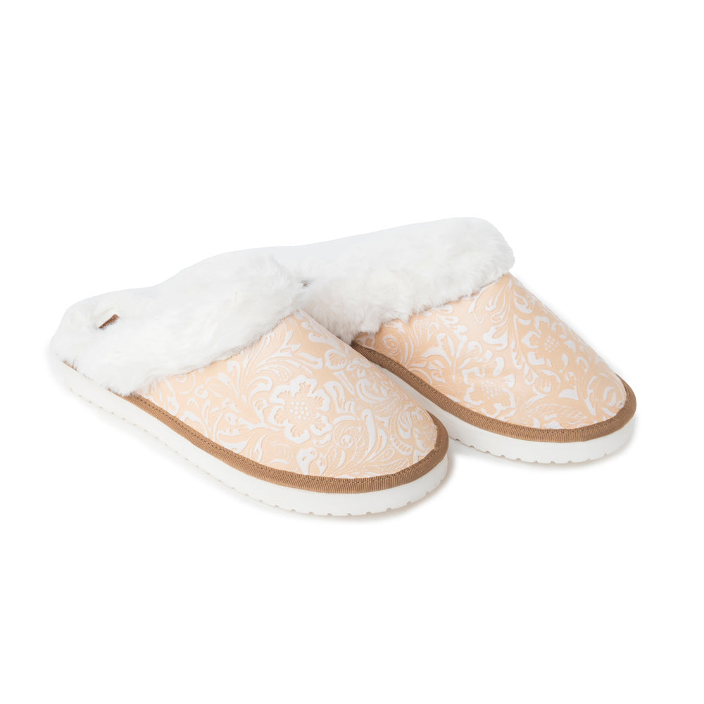 Pantoufles en cuir gaufré Snowdrift, beiges et hivernales