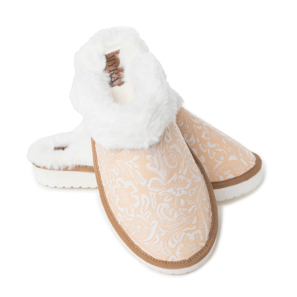 Pantoufles en cuir gaufré Snowdrift, beiges et hivernales